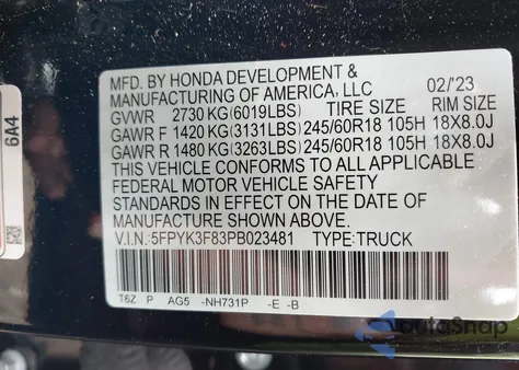 2023 Honda Ridgeline Black Edition из США, поврежденный, VIN 5FPYK3F83PB023481